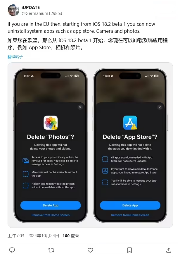 湘西苹果手机维修分享iOS 18.2 支持删除 App Store 应用商店 